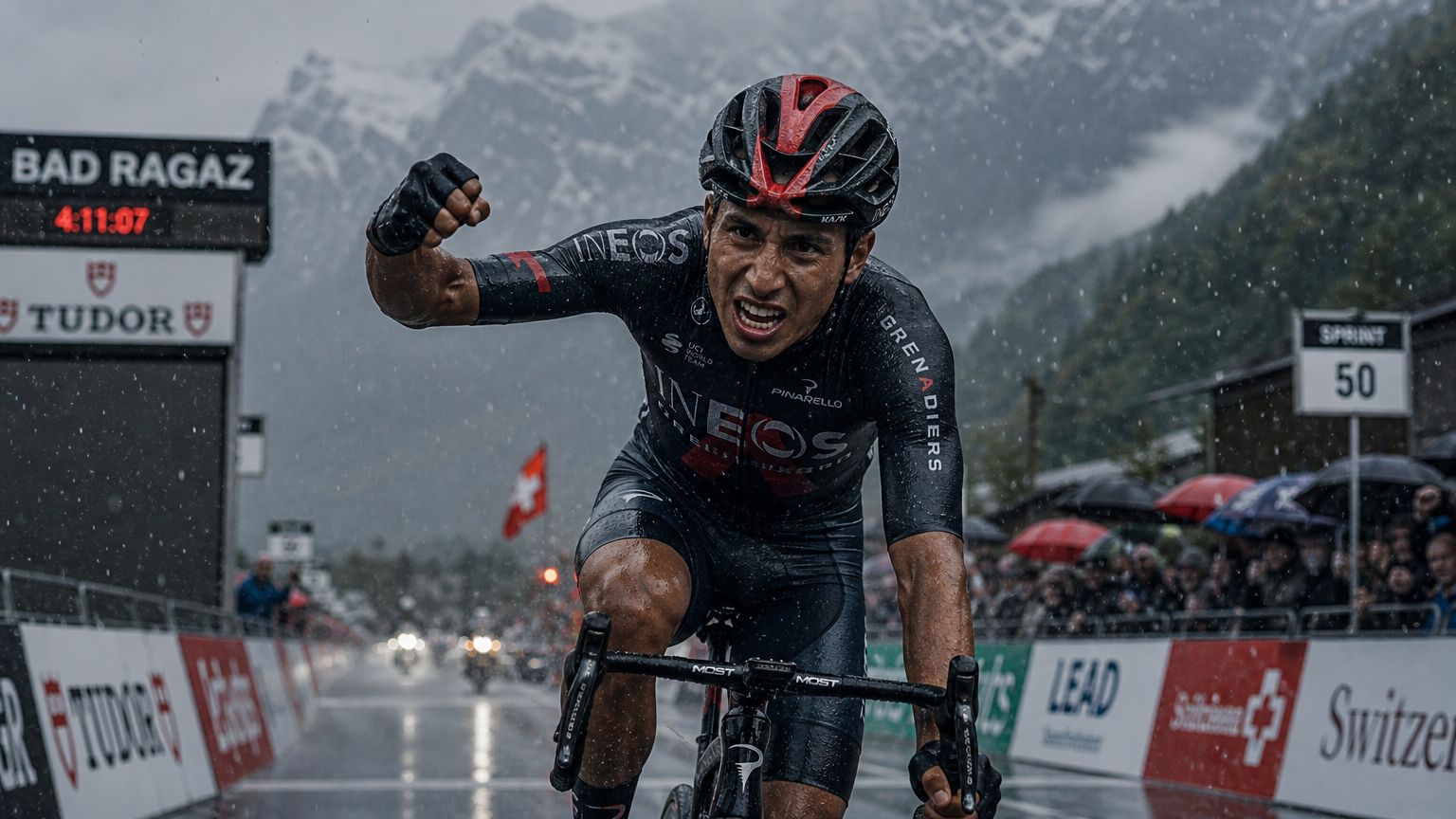 Jhonatan Narváez vencendo a 3ª etapa do Tour de Suisse 2026 sob chuva intensa em Bad Ragaz