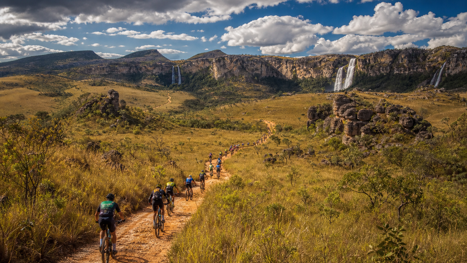 Brasil Ride ultramaratona mountain bike 2026 Pirenópolis Goiás cerrado ciclistas paisagem aérea