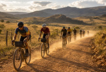 Segundo semestre de 2026 tem calendário gravel Brasil recheado Calendário gravel Brasil segundo semestre 2026 — ciclistas de gravel pedalando em estrada de terra na zona rural de Minas Gerais, com montanhas ao fundo e luz dourada de entardecer.