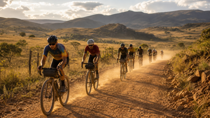 capa-calendario-gravel-brasil-2sem-2026 Calendário gravel Brasil segundo semestre 2026 — ciclistas de gravel pedalando em estrada de terra na zona rural de Minas Gerais, com montanhas ao fundo e luz dourada de entardecer.