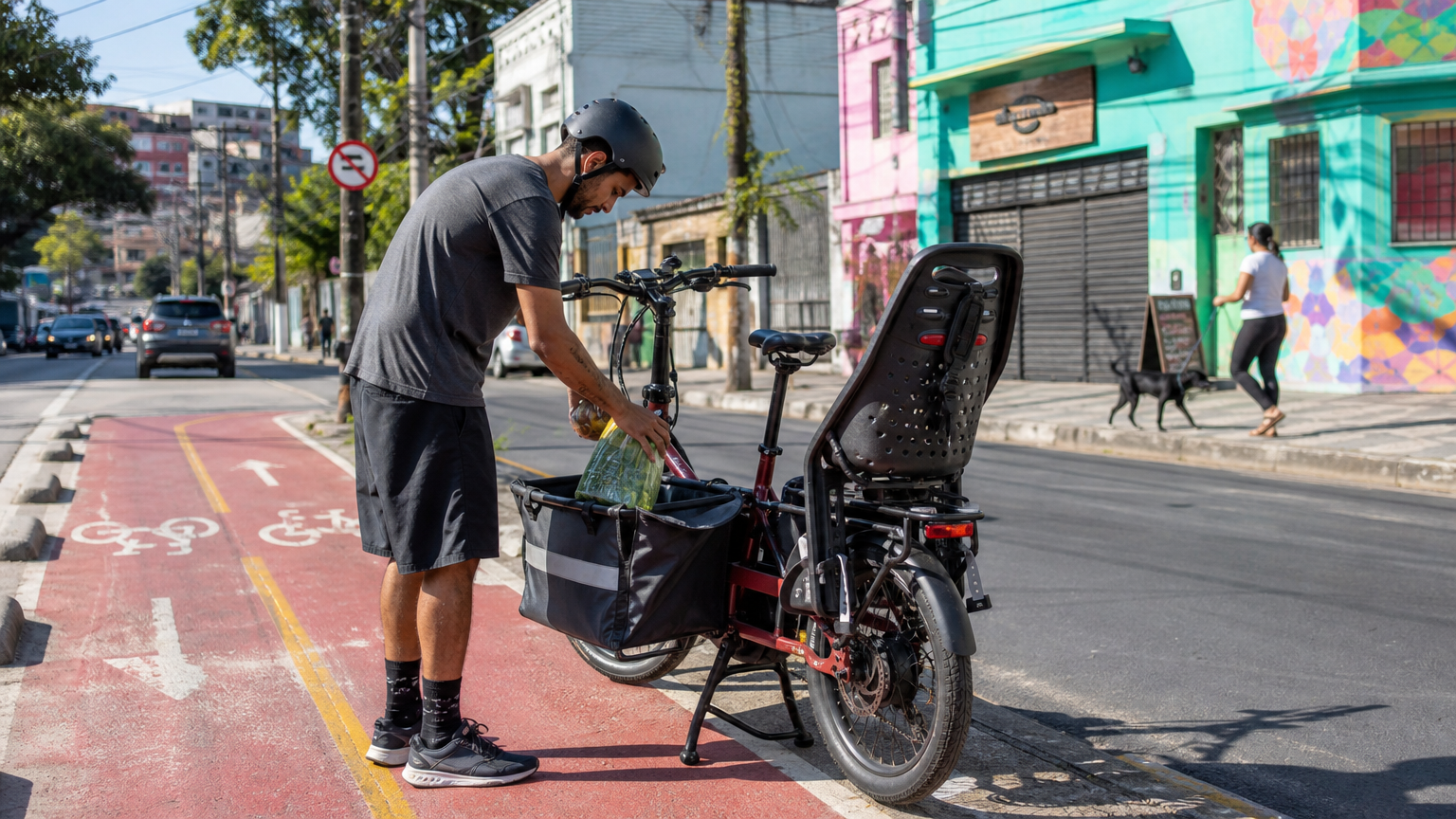 Bicicleta de carga elétrica estacionada em bairro urbano brasileiro sendo carregada com compras.