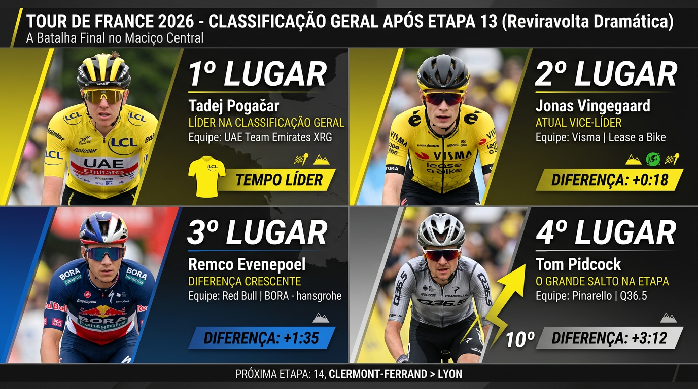 Disputa pela classificação geral do Tour de France 2026 após a 13ª etapa com Pogacar, Vingegaard, Evenepoel e Pidcock