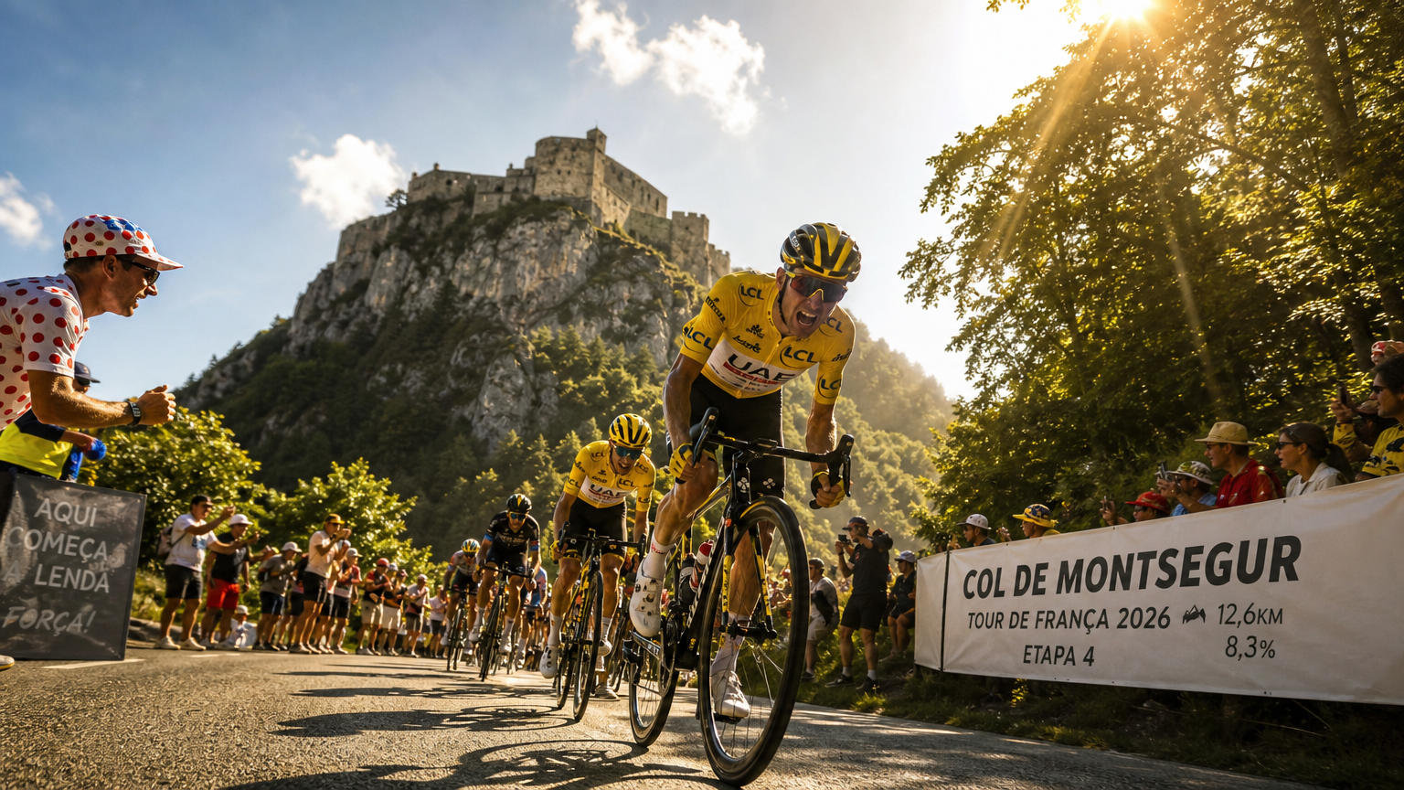 Ciclistas do Tour de France 2026 atacando a subida do Col de Montségur na Stage 4, fortaleza cátara no topo do penhasco, calor de 39 graus