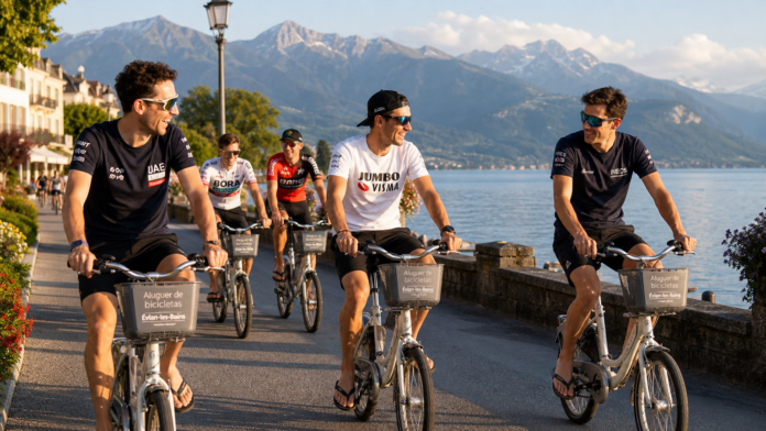dia-descanso-tour-de-france-2026-bastidores-bikes-alugadas-capa Ciclistas profissionais do Tour de France pedalando bicicletas alugadas minúsculas no dia de descanso em Évian-les-Bains