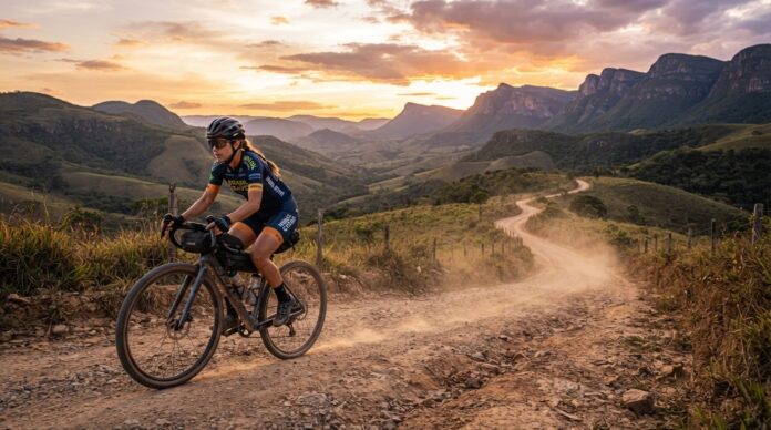 gravel-no-brasil-ano-historico-2026 cena de gravel bike em estrada de terra no interior do Brasil, paisagem montanhosa ao fundo, horário dourado