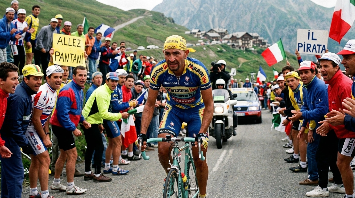 Marco Pantani ataca no Alpe d'Huez durante o Tour de France 1995. Pantani x Pogacar