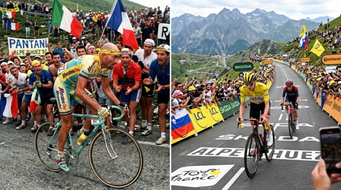 Comparação entre Marco Pantani x Tadej Pogacar no Alpe d'Huez. Imagem gerada por IA.