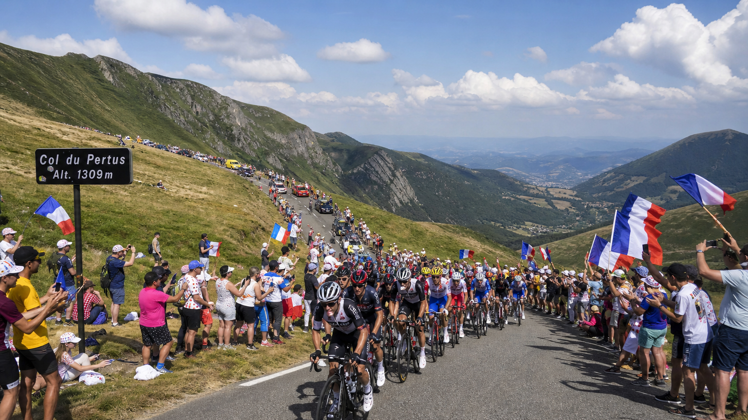 Pelotão do Tour de France 2026 subindo o Col du Pertus durante a etapa 10