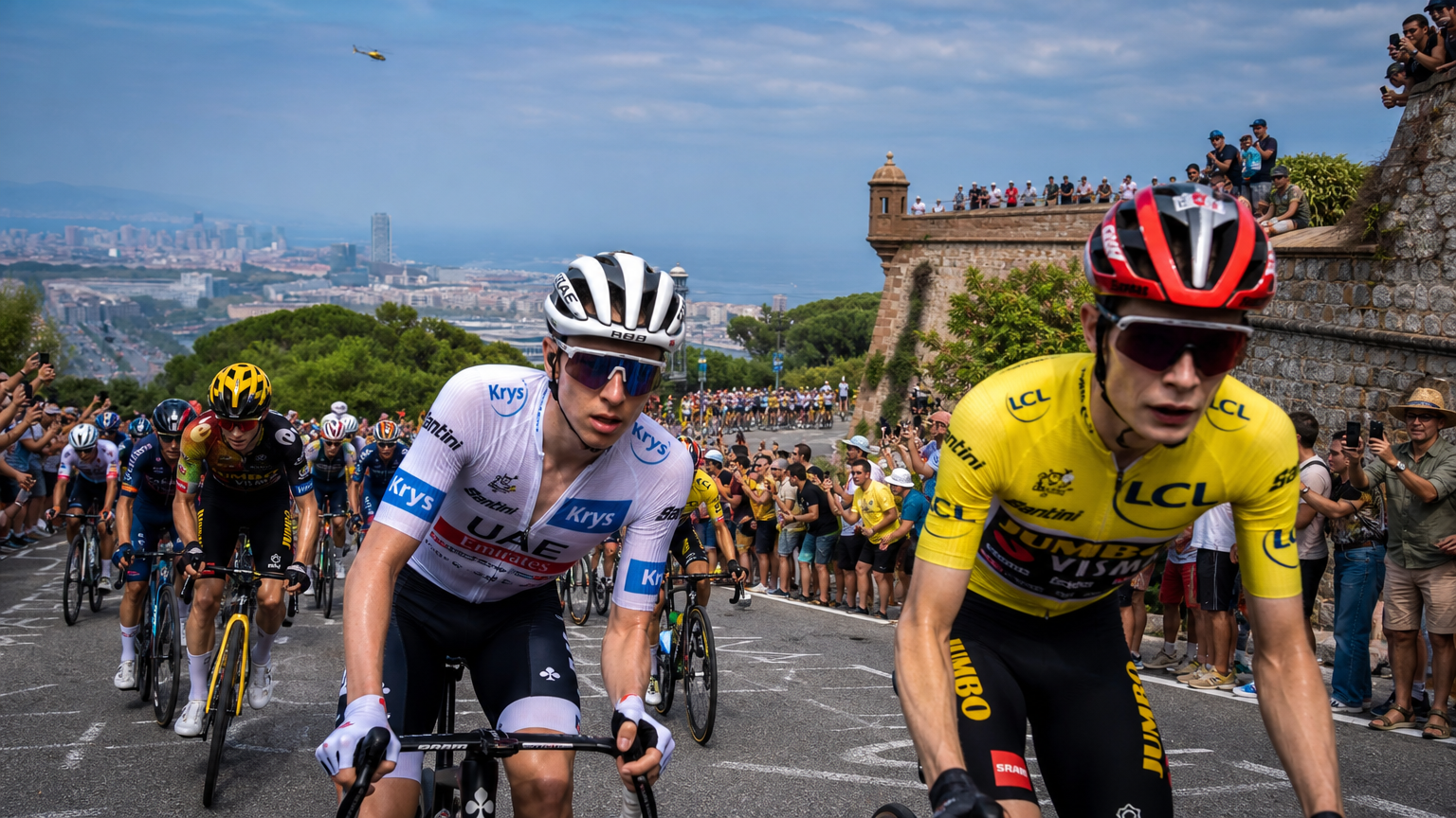 Grande pelotão de ciclistas profissionais subindo as curvas acentuadas do Castelo de Montjuïc durante a segunda etapa do Tour de France 2026