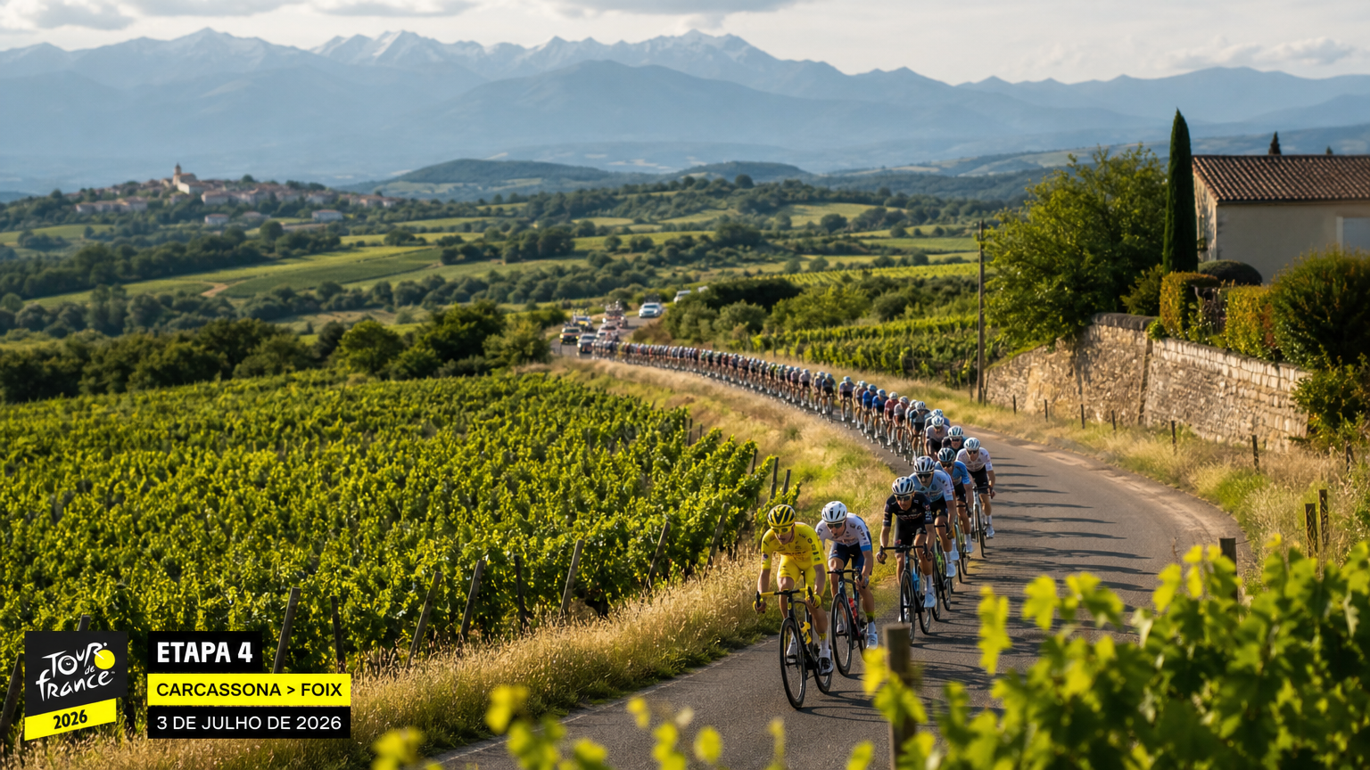 Pelotão do Tour de France 2026 pedalando pelos vinhedos da região de Limoux na Stage 4 entre Carcassonne e Foix, montanhas dos Pirineus ao fundo