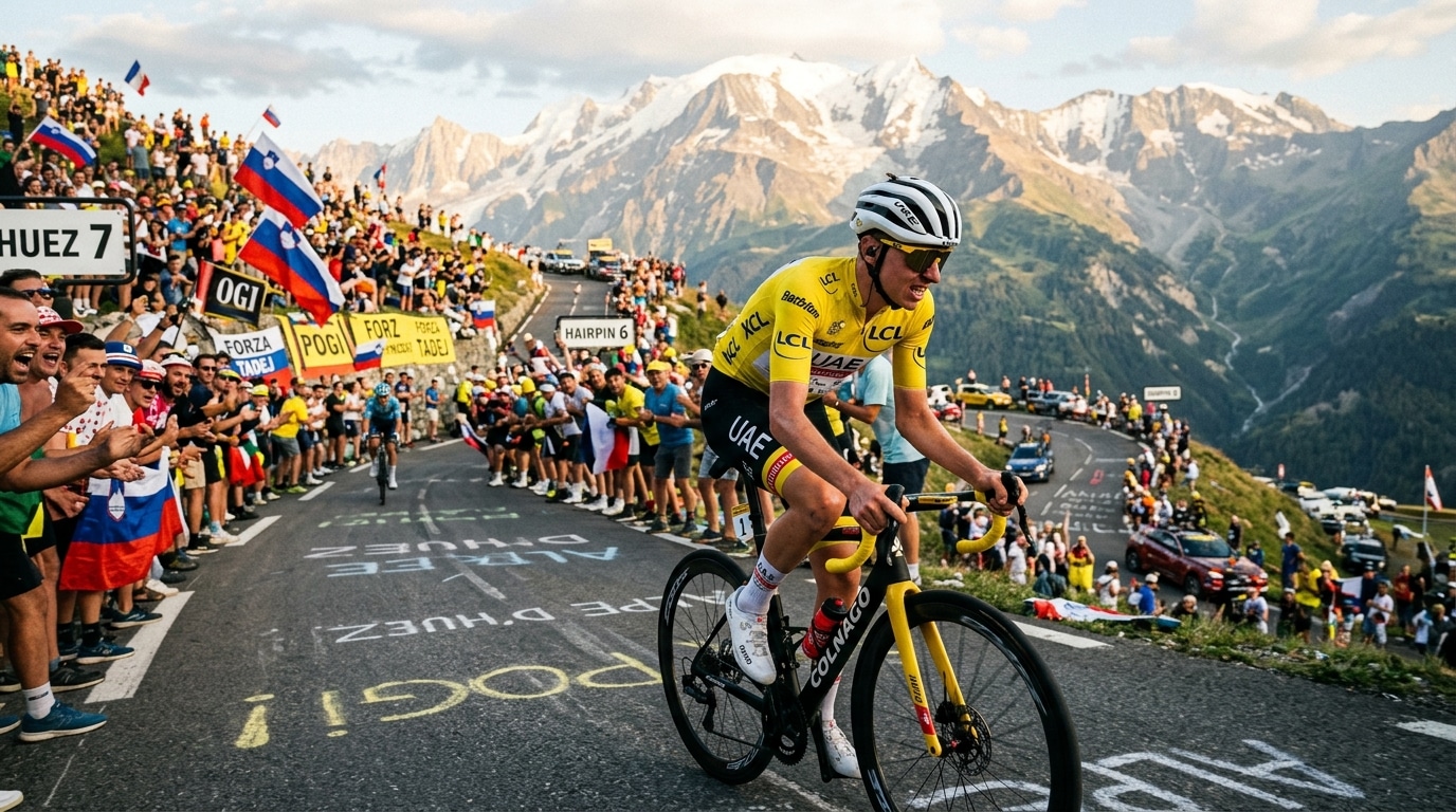 Tadej Pogacar ataca no Alpe d'Huez durante a etapa 19 do Tour de France 2026 e quebra o recorde. Pantani x Pogacar
