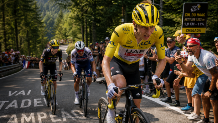 pogacar-vence-14a-etapa-tour-de-france-2026 Tadej Pogacar ataca no Col du Haag e larga Vingegaard e Evenepoel durante a 14ª etapa do Tour de France 2026