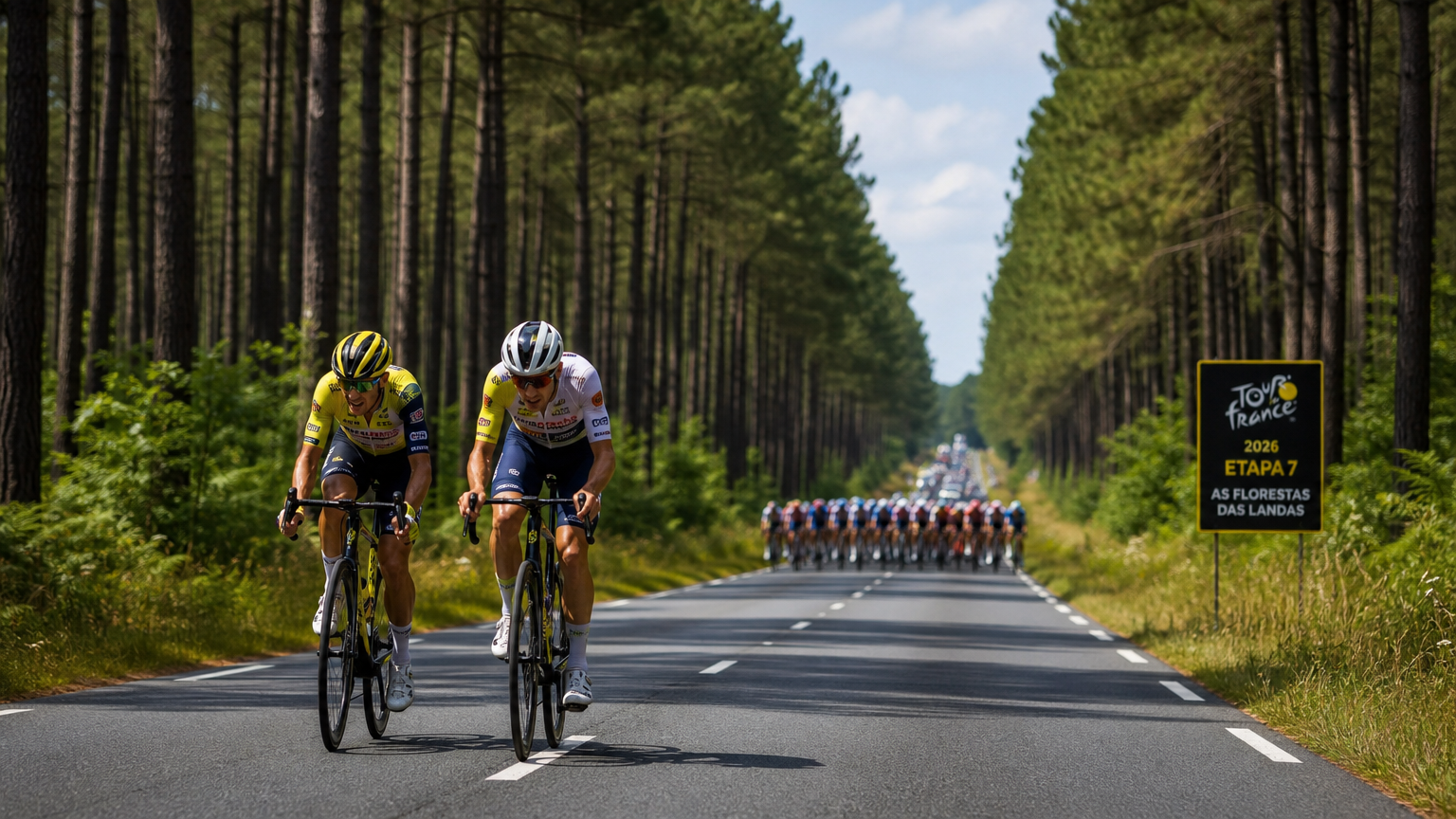 Baptiste Veistroffer e Jakub Otruba em fuga na etapa 7 do Tour de France 2026 pedalando pela região de Landes a caminho de Bordeaux