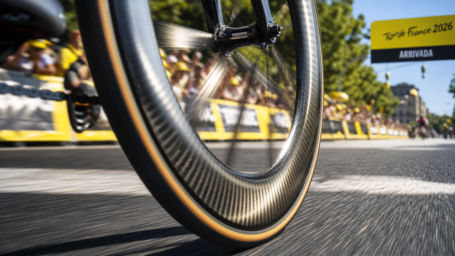 Detalhe técnico de roda de carbono em alta velocidade durante sprint final na etapa 8 do Tour de France 2026