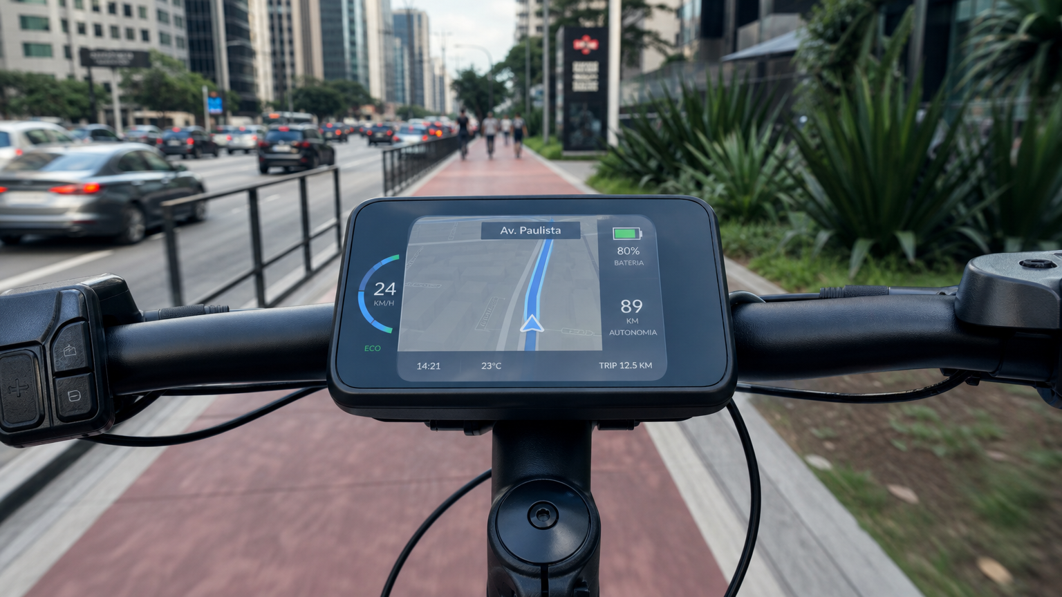 Close-up de guidão de bicicleta tecnológica com display digital de GPS e status de bateria em ciclovia urbana.