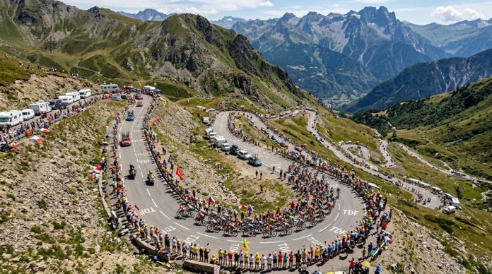 tour-france-2026-etapa-19-pogacar-vitoria Tadej Pogacar comemora a vitória no topo do Alpe d'Huez no Tour de France 2026. Imagem gerada por IA.