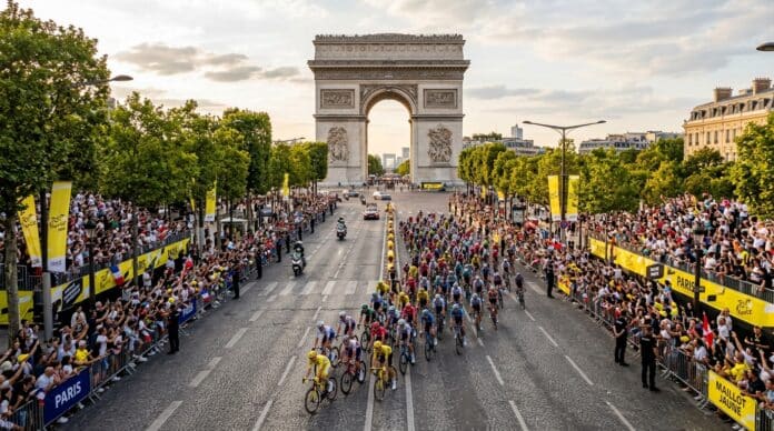 tour-france-2026-etapa-21-champs-elysees-aereo Pelotão do Tour de France 2026 nos Champs-Élysées na etapa final em Paris. Imagem gerada por IA.