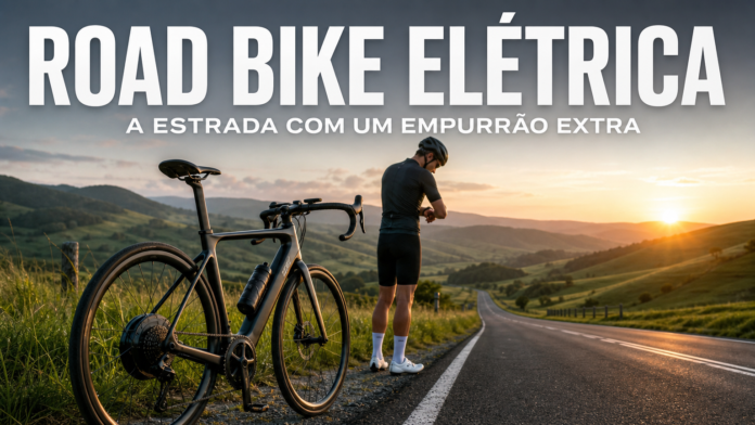 Road bike elétrica "A estrada com um empurrão extra". Imagem gerada por IA.