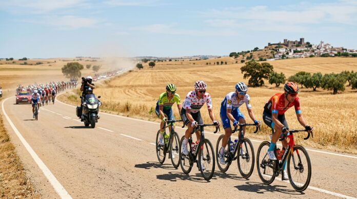 fuga-3a-etapa-volta-portugal-alentejo Fuga de quatro ciclistas na 3ª etapa da Volta a Portugal 2026, com o pelotão perseguindo ao fundo. Imagem gerada por IA.