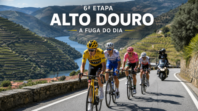 Fuga de ciclistas na sexta etapa da Volta a Portugal 2026 pelo vale do Douro, entre vinhas em socalcos. Imagem gerada por IA.