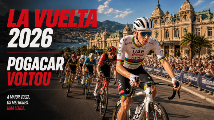 Pelotão da La Vuelta 2026 com Tadej Pogacar Imagem gerada por IA.