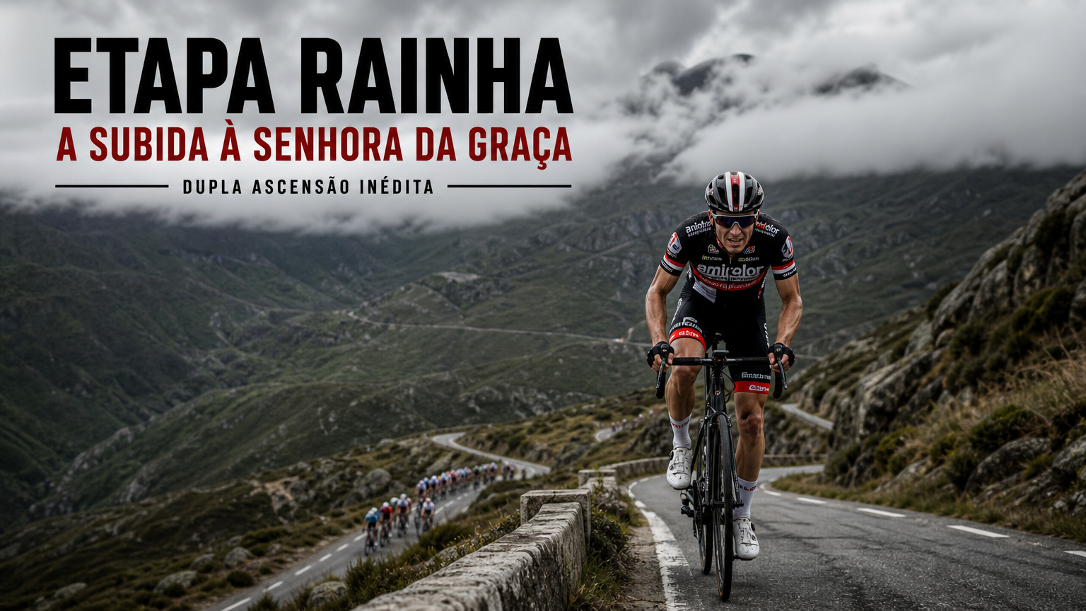 Alexis Guérin subindo sozinho à Senhora da Graça na nona etapa da Volta a Portugal 2026, em Mondim de Basto. Imagem gerada por IA.